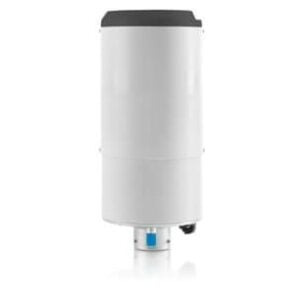 White PRONAMIC tipping bucket rain gauge with a dark grey top and blue control button, ideal for OEM and professional precipitation measurement.