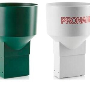 Multiple PRONAMIC tipping bucket rain gauges in white and green, including one with a red PRONAMIC logo.
